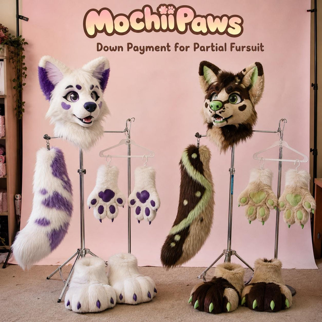 Custom fursuit partial example - kawaii toony fursuit head paws and tail by MochiiPaws