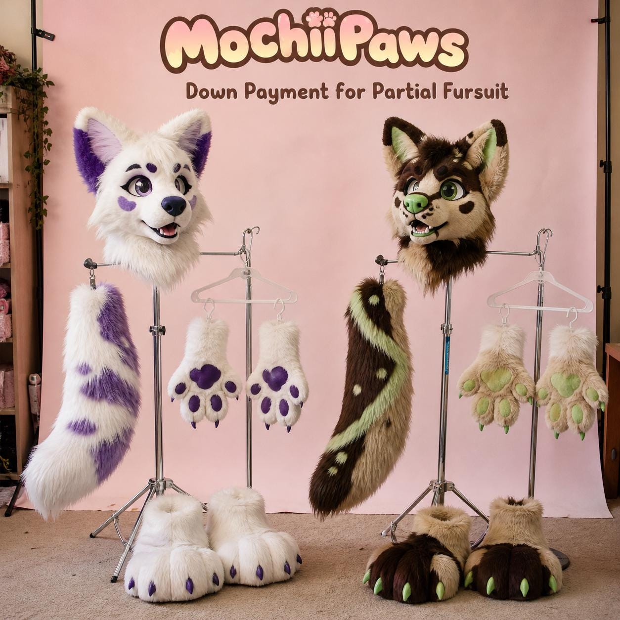 Custom fursuit partial example - kawaii toony fursuit head paws and tail by MochiiPaws